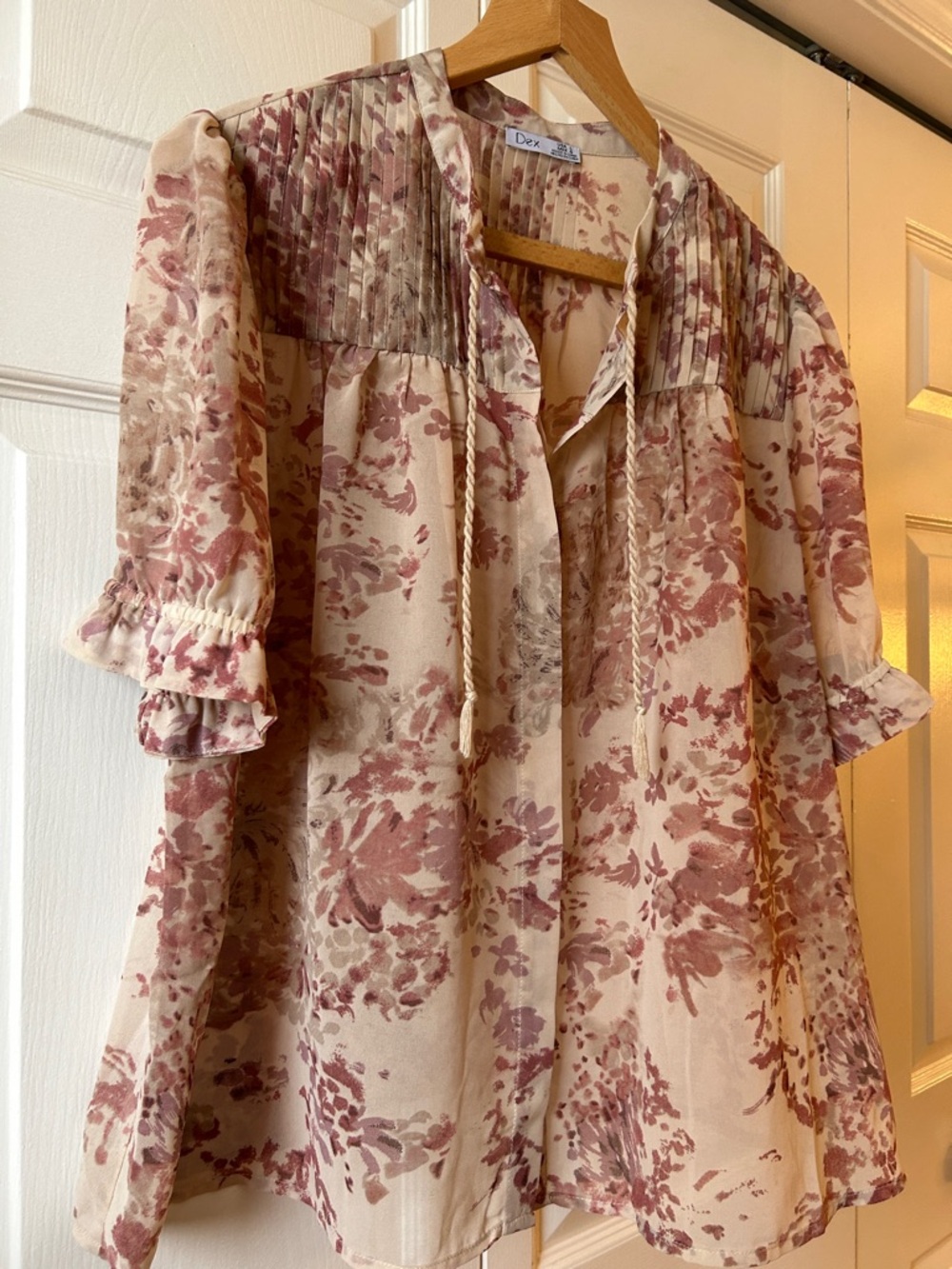 Chiffon Blush Floral Tie-Neck Pintuck Blouse